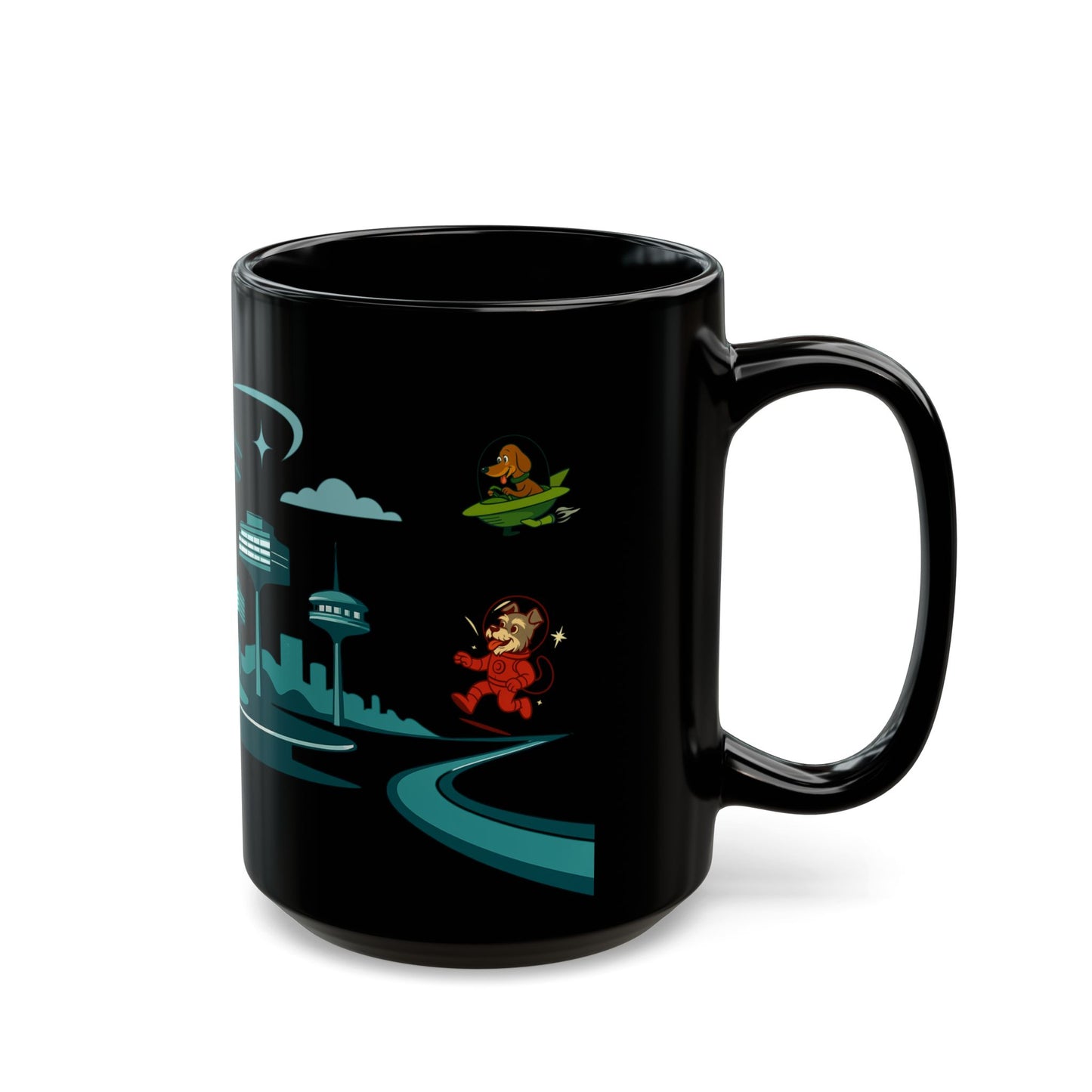 Dogs in Space Retro Sci-Fi Black Mug