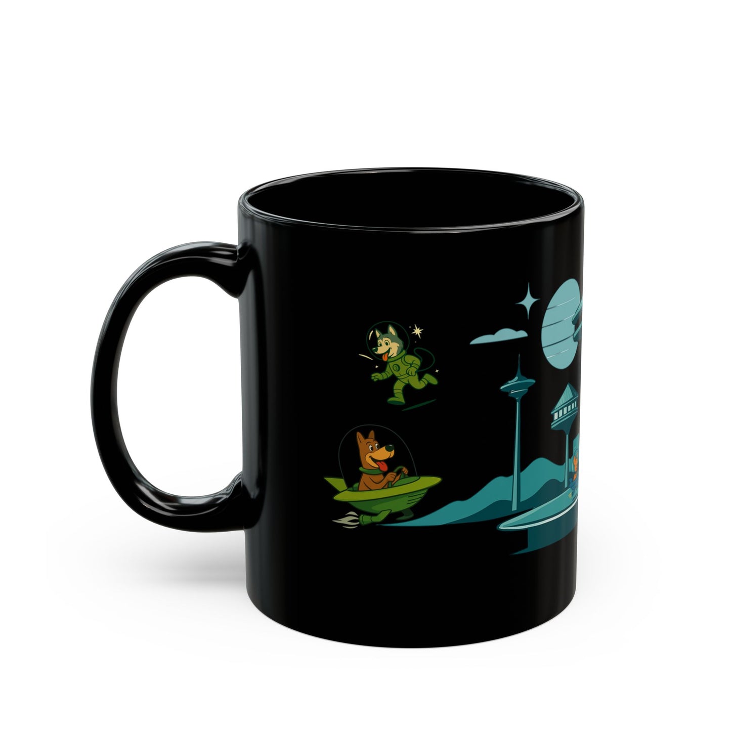 Dogs in Space Retro Sci-Fi Black Mug