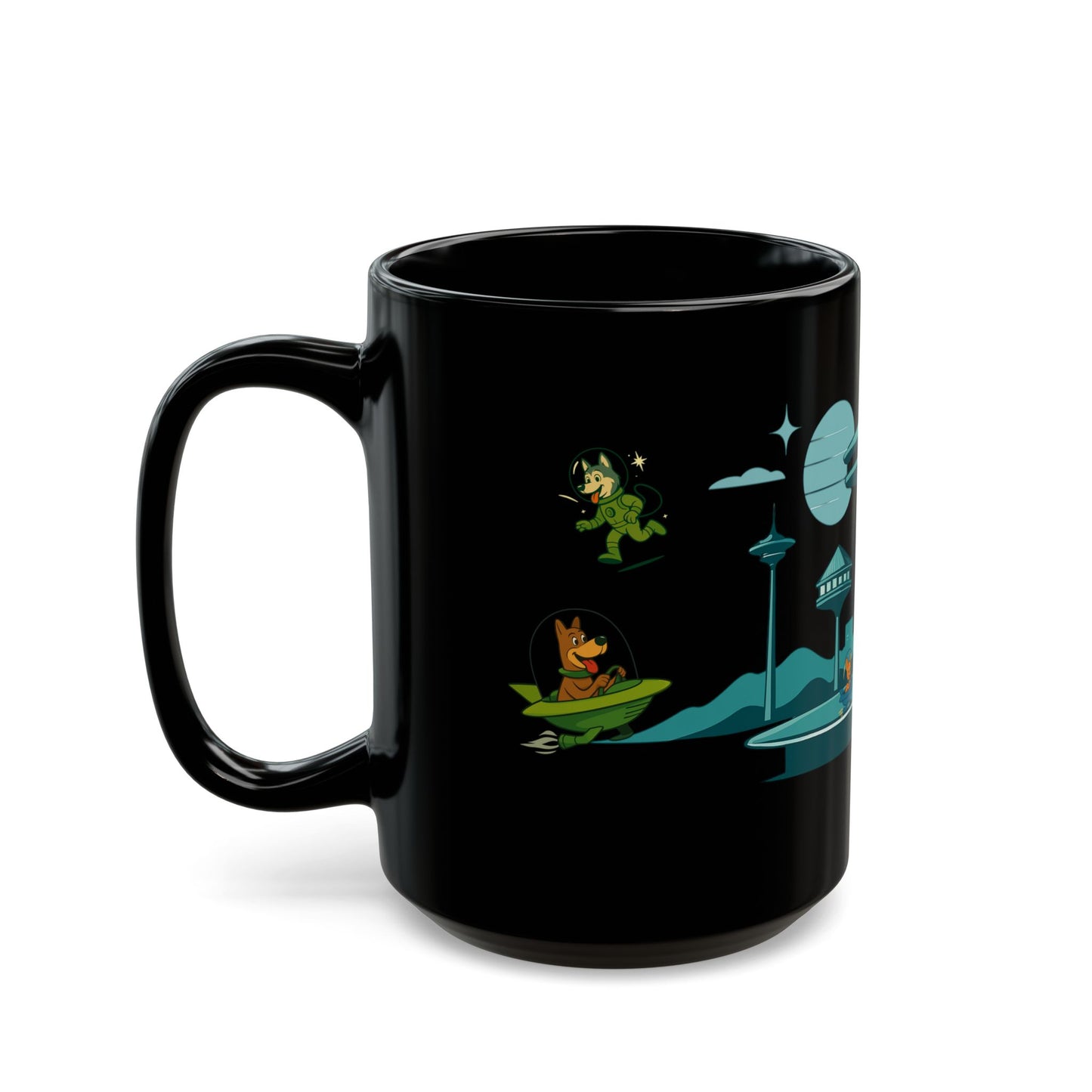 Dogs in Space Retro Sci-Fi Black Mug